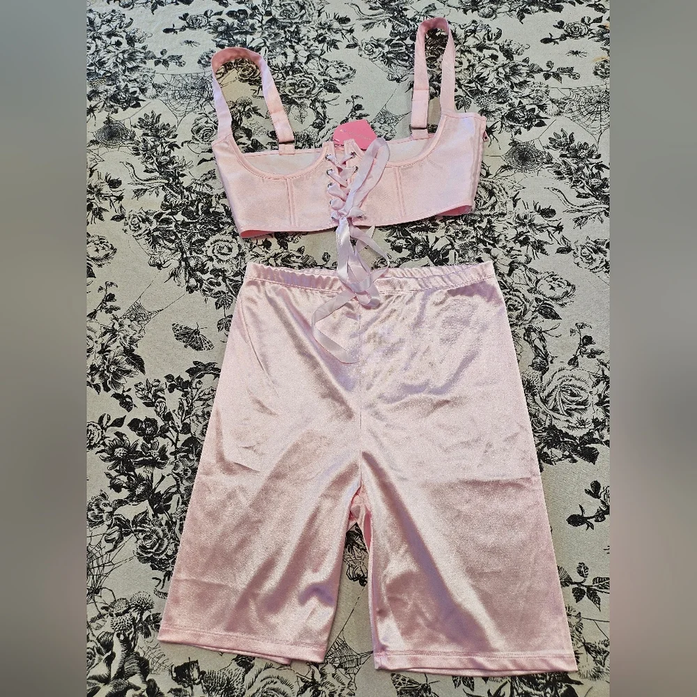 Dolls Kill Sugar Thrillz Pink Satin Underbust & Biker Shorts +Extra Mesh Flower - Picture 2 of 12